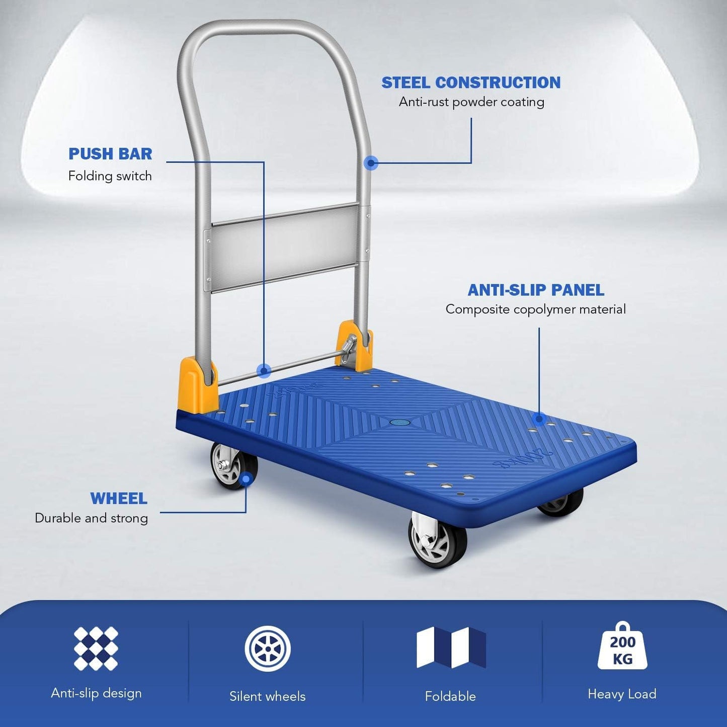 YSSOA Platform Truck with 880lb(400kg) Weight Capacity and 360 Degree Swivel Wheels, Foldable Push Hand Cart for Loading and Storage, Blue