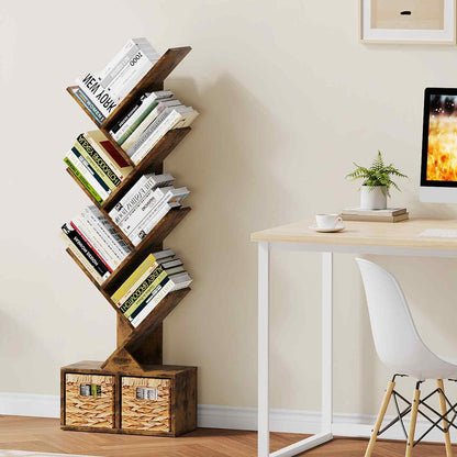 Vagusicc 6 Tier Tree Bookshelf with 2 Storage Baskets, Tall Display Shelf Organizer for Books, Magazines, Home Decor