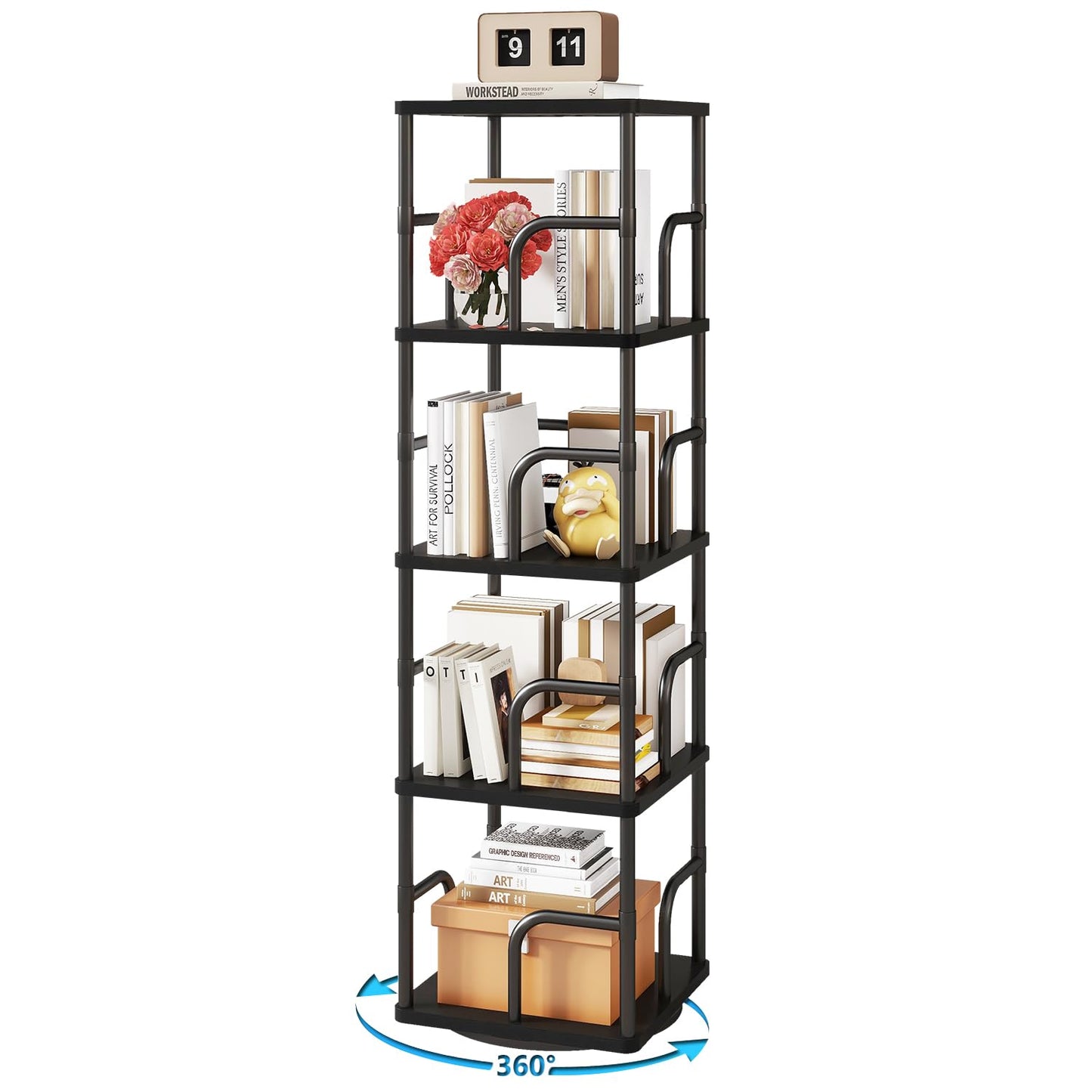 IBUYKE 5 Tier Rotating Bookshelf,Square Bookcases,Black TBC004B