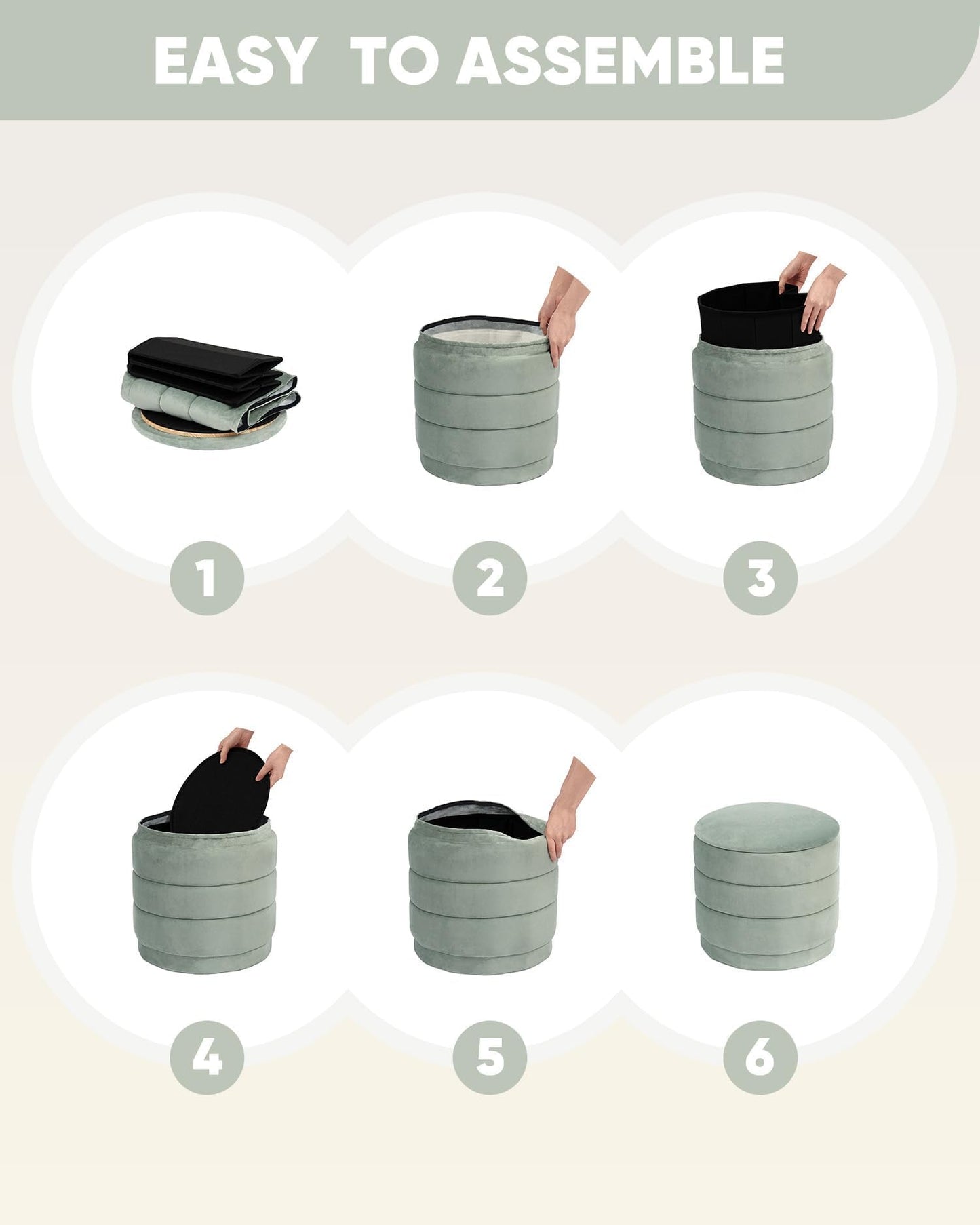 Bonlife Storage Ottoman Round - Folding Foot Rest with Hidden Storage, Sage Velvet 39x39x37cm for Living Room, Bedroom & Hallway