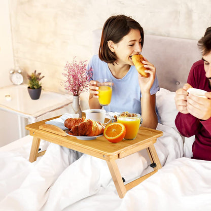 Bamboo Laptop Bed Table, Foldable Bed Table Bed Reading Tray With Vents, Computer Stand Portable Bed Adjustable Bamboo Computer Table with Drawer for
