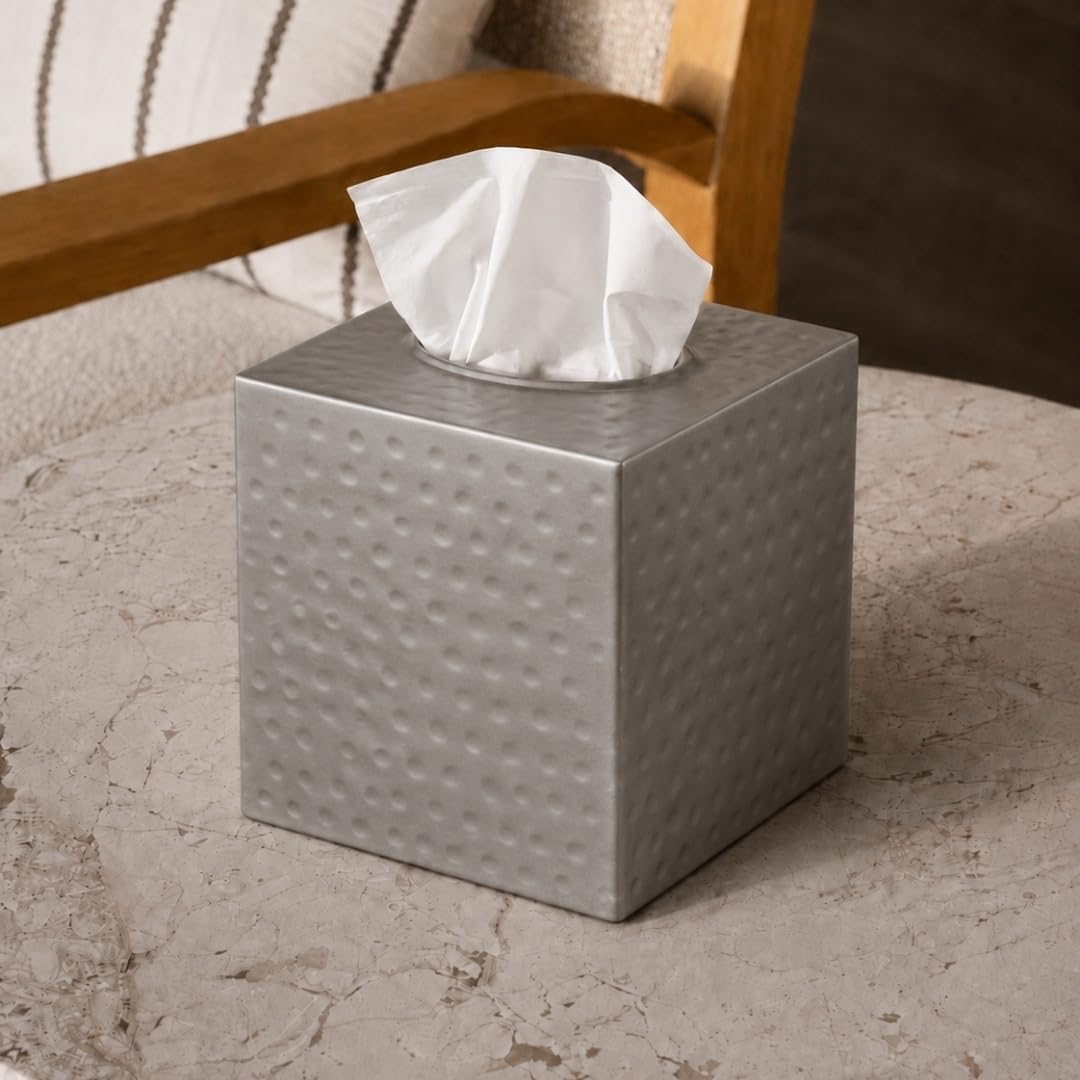 Monarch Abode Cover Tissue Box Holder, Metal, Pewter Colour