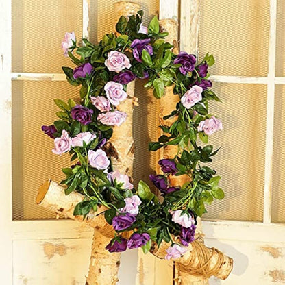 Veryhome 3PCS 7.9FT Artificial Purple Rose Flower Garland, Silk Hanging Floral Garland, Decorative Flower Vines for Room Decor Wedding Flowers Arches for Ceremony (Purple)