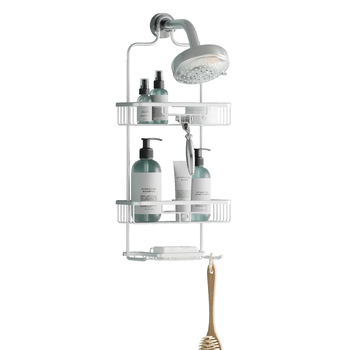 Zenna Home Hanging Shower Caddy with 2 Shelves, Soap Tray, Razor Holders and Hooks, Satin Chrome ? Rustproof Shower Rack, No Drilling ? Premium Over