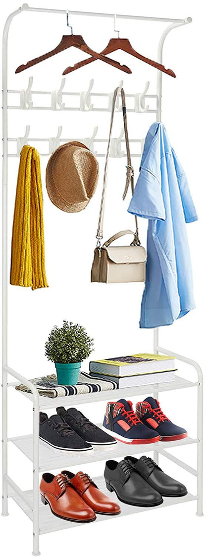 Coat Rack Shoe Bench with 8 removable Hooks, Metal Coat Hat Rack Free Standing Clothes Stand with 3-Tier Shoe Rack Bench, Hat Stand Hallway Organiser