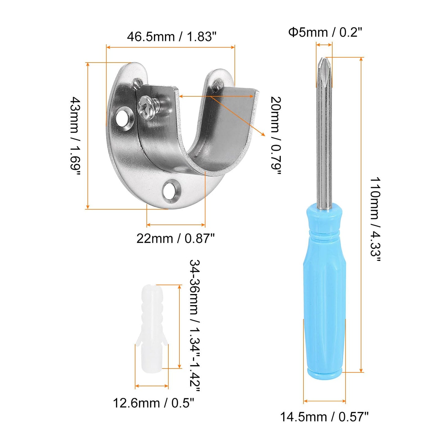 sourcing map 4pcs Stainless Steel Closet Rod Holder Set U-Shaped 0.79" Dia Shower Rod Flange Socket Wardrobe Bracket with Screwdriver and Expansion