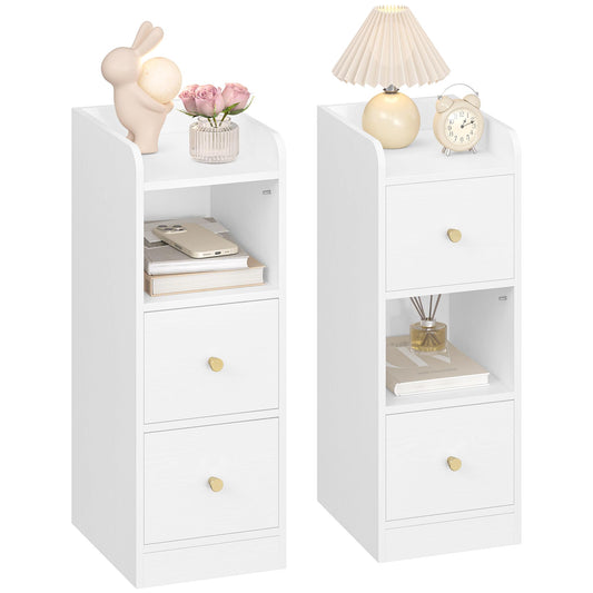 Hzuaneri Slim Bedside Tables Set of 2, Narrow Side Table with 2 Drawers, Bedside Cabinet with Open Compartment, Adjustable Drawer Position for