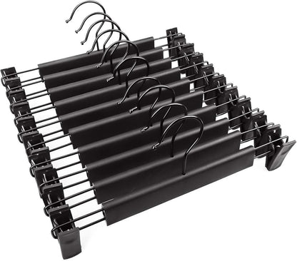 Trouser Hanger, 10Pack Plastic Pant Hangers Space Saving Skirt Hangers with Clips Adjustable Non-Slip Coat Suit Metal Heavy Duty Chrome Clothes