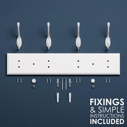 LARHN White Wall-Mounted Coat Rack - 4 White Coat Hooks, 42cm