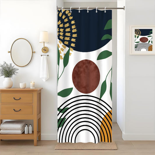 Uiiooazy Abstract Stall Shower Curtain, Boho Mid Century Arch Black Lines Green Leaves Minimaliste Bath Curtain Anti Mildew Waterproof Polyester