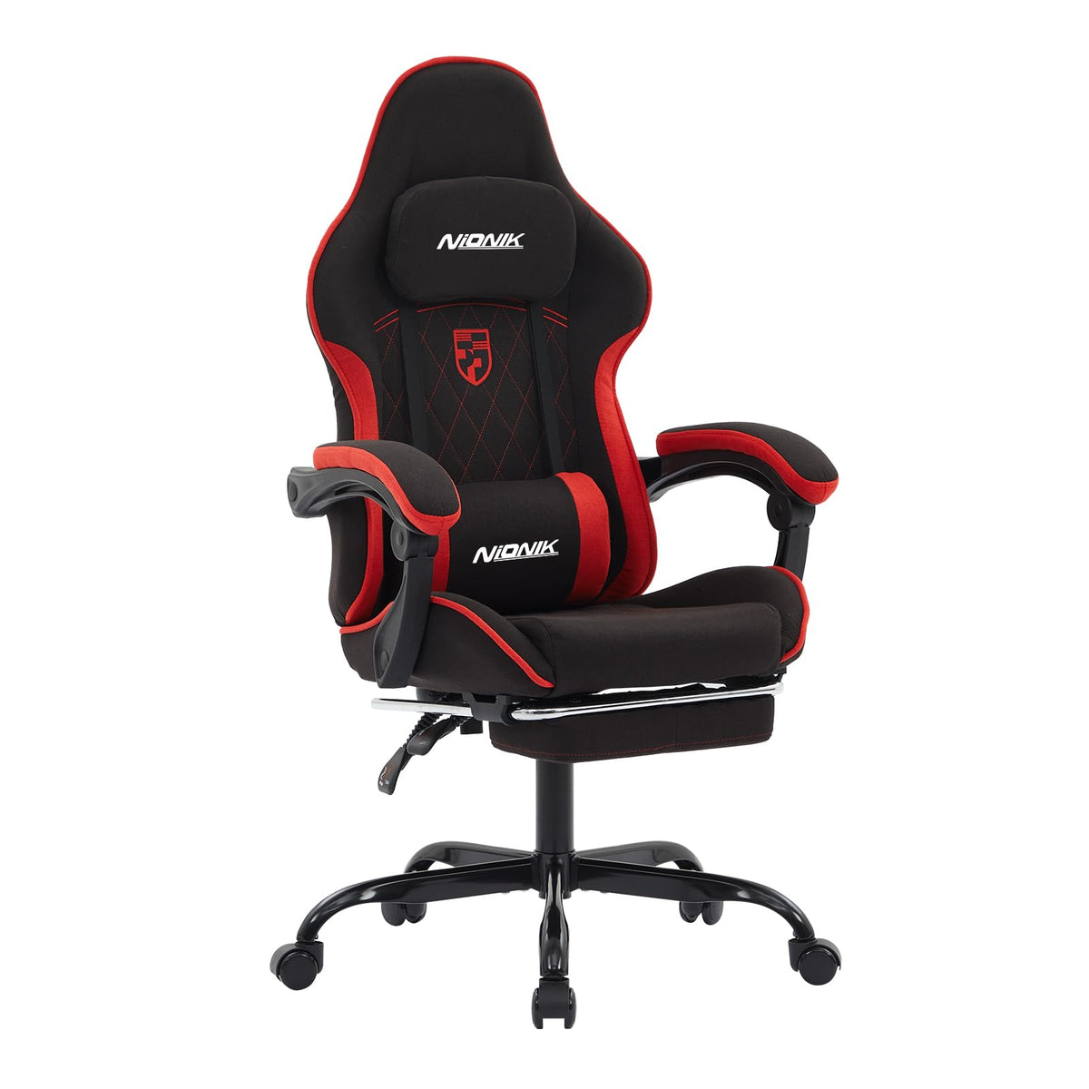 NIONIK Gaming Chair with Footrest and Massage Lumbar Cushion, Ergonomic Computer Chair with 135° Recline, Breathable Fabric, Headrest and 360° Swivel