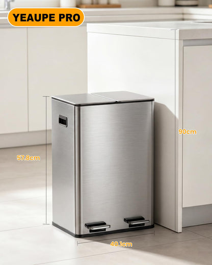 Kitchen Bin, 40L Double Bin, Tall Slim 2 x 20L Stainless Steel Pedal Bin, Dual Bin Rubbish Recycling with Soft-Close Lids and Plastic Inner Buckets