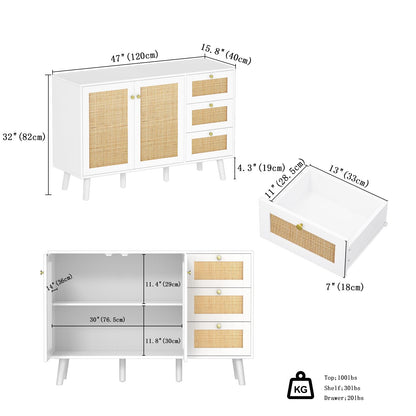 Skokliz Rattan Sideboard, Modern Storage Cabinet with 3 Drawers, Buffet Cabinet with 2 Doors and Adjustable Shelves