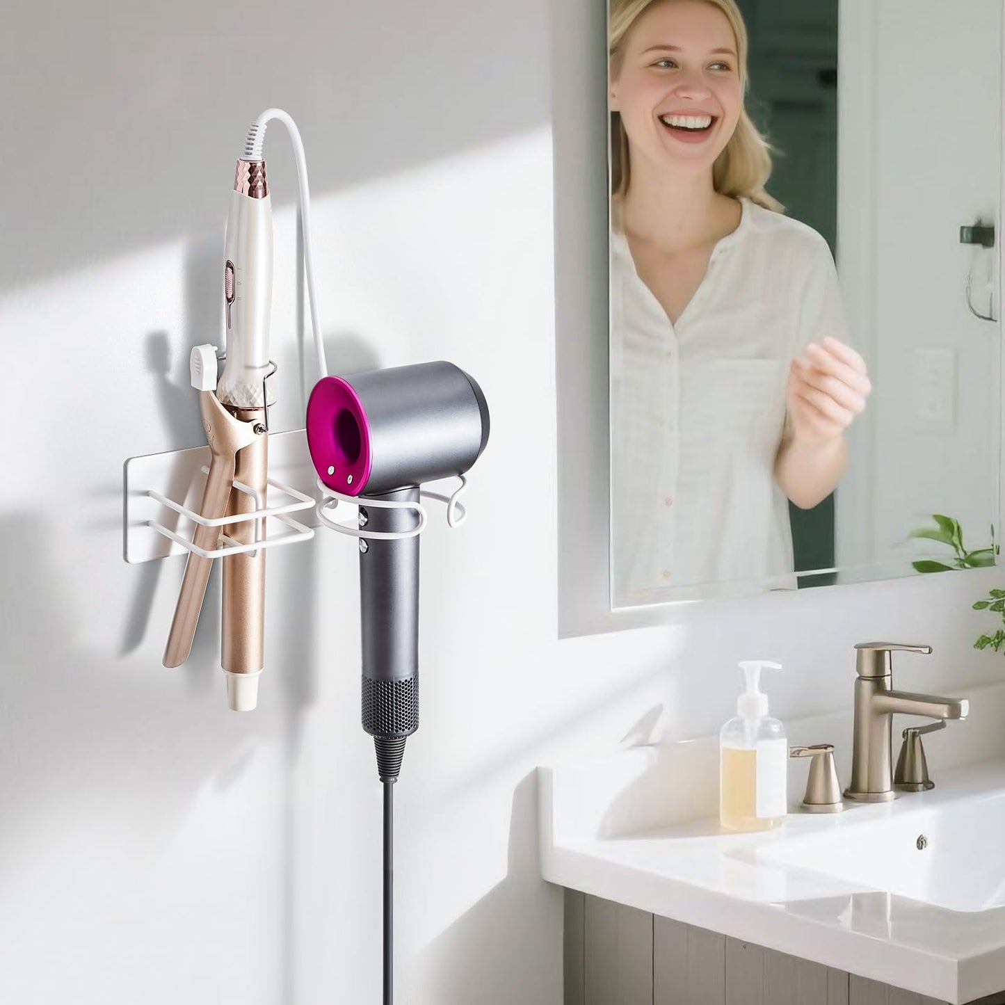 Hair Dryer And Straighteners Holder, Hairdryer Holder Station Wall Mounted & Adhesive, Hair Straightener Holder for Bathroom Salon Dressing Table