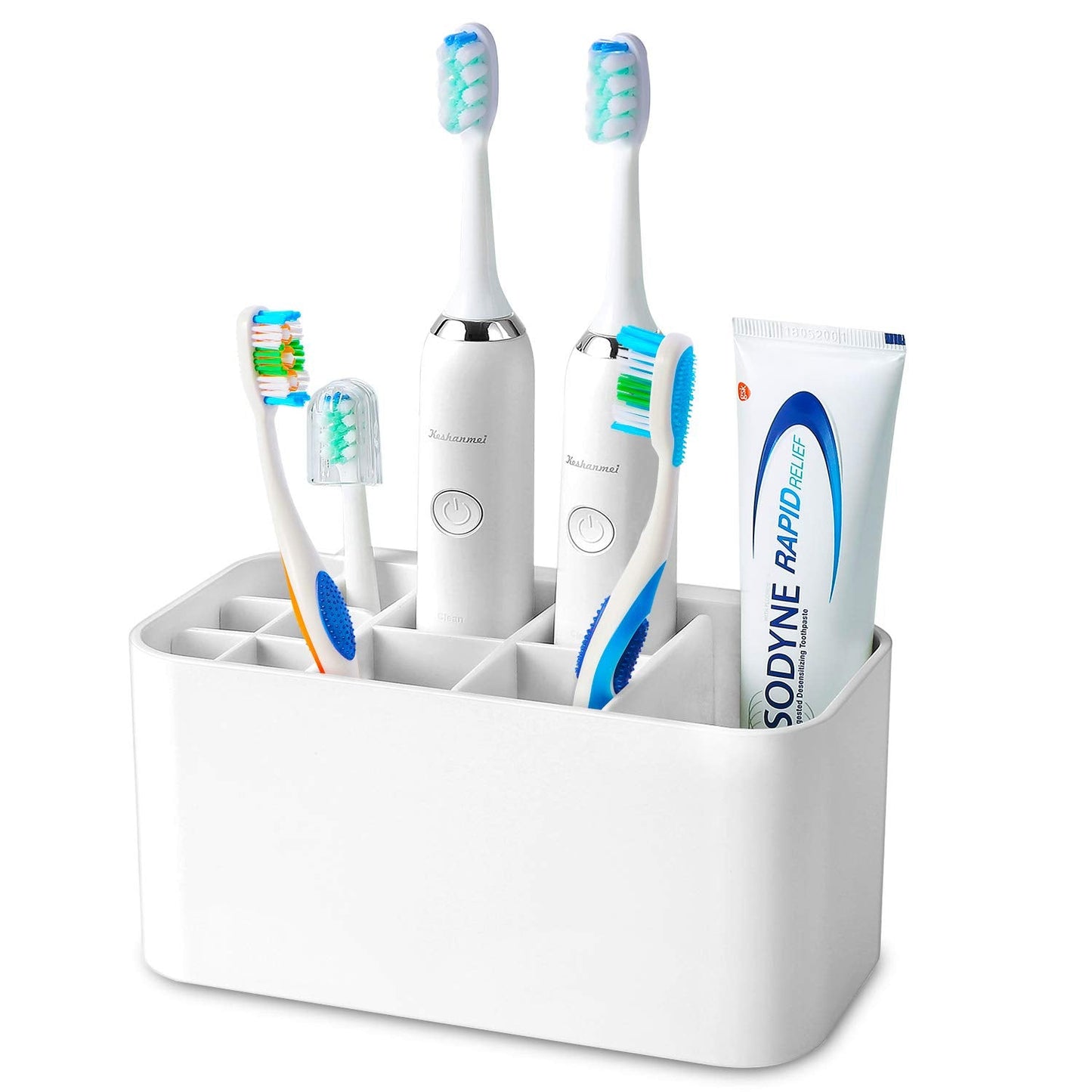 Colist Toothbrush Holder Wall-Mounted with 2 Strong Adhesive, Electric Toothbrush Organiser with 11 Detachable Compartments & Drainage Holes for