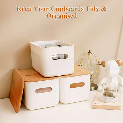 WOPPLXY 4PCS White Storage Boxes with Bamboo Lid - 6.5L Stackable Plastic Storage Box with Lids Durable