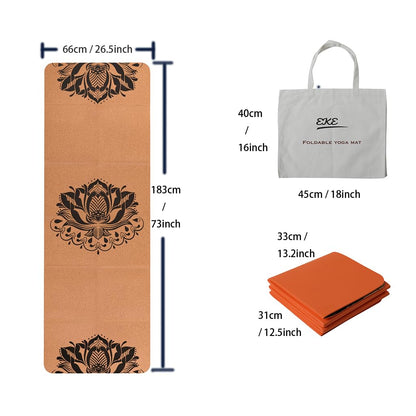 EKE Cork Folding Yoga Mat, 5mm Thickness, Standard Size, Foldable, Lightweight and Portable, Suitable for Yoga, Pilates, Fitness, Sports, Training,