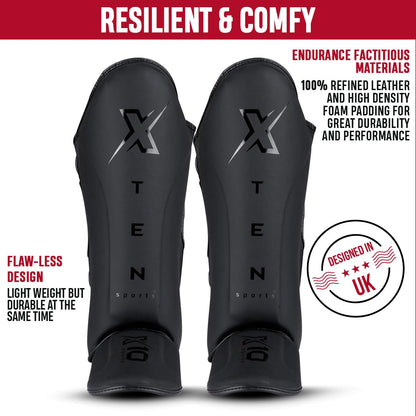 XTEN SPORTS Shin Guards Muay Thai, MMA, Gel Integrated Padding, Training Sparring, Boxing, Kickboxing, BJJ, Taekwondo Protective Gear, Matte Black, S
