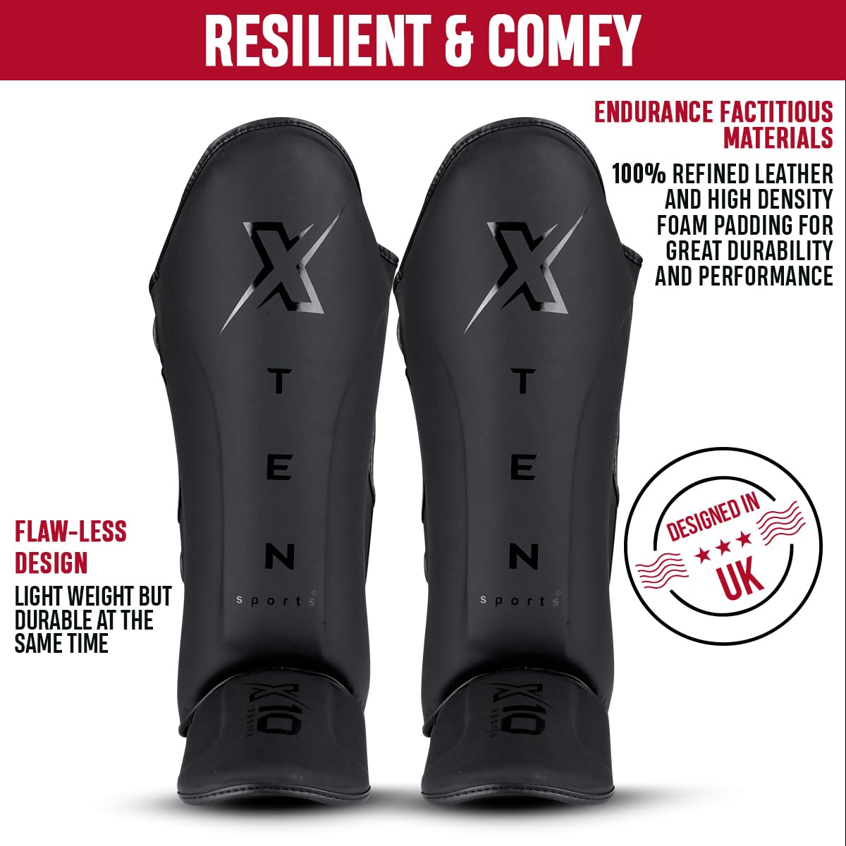XTEN SPORTS Shin Guards Muay Thai, MMA, Gel Integrated Padding, Training Sparring, Boxing, Kickboxing, BJJ, Taekwondo Protective Gear, Matte Black, XL