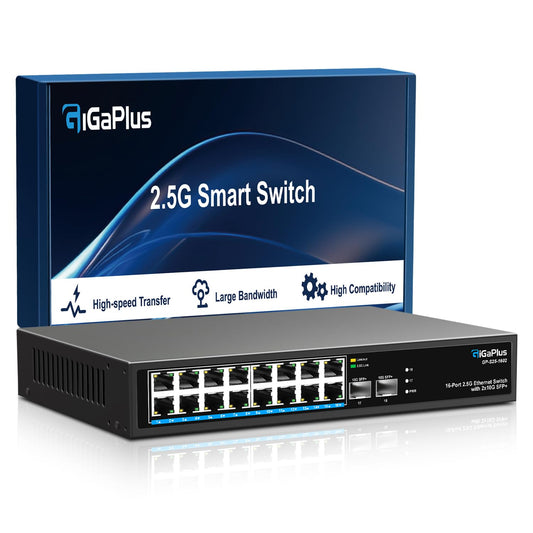 18 Port 2.5Gb Unmanaged Ethernet Switch with 16*2.5G Base-T Ports, 2*10G SFP+ Ports. GiGaPlus 2.5Gbps Network Switch for 2.5Gbps NAS/PC, Wireless AP,