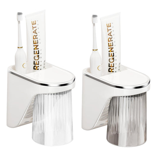 OUZHOU Pack of 2 Toothbrush Holders, Toothbrush Cup Holder No Drilling with Magnetic Cups and Storage Box, Toothbrush Holder Wall Toothbrush Holder