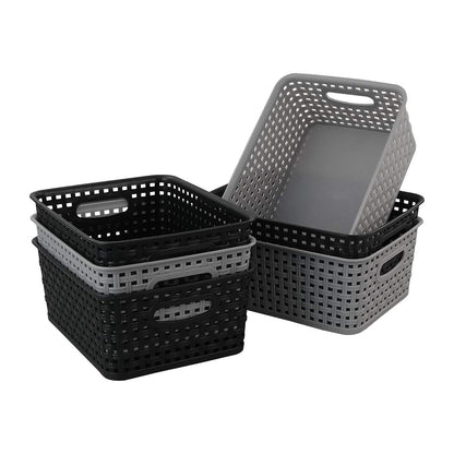 Mayish Plastic Weave Basket with Handle, Black and Grey, 6 Packs