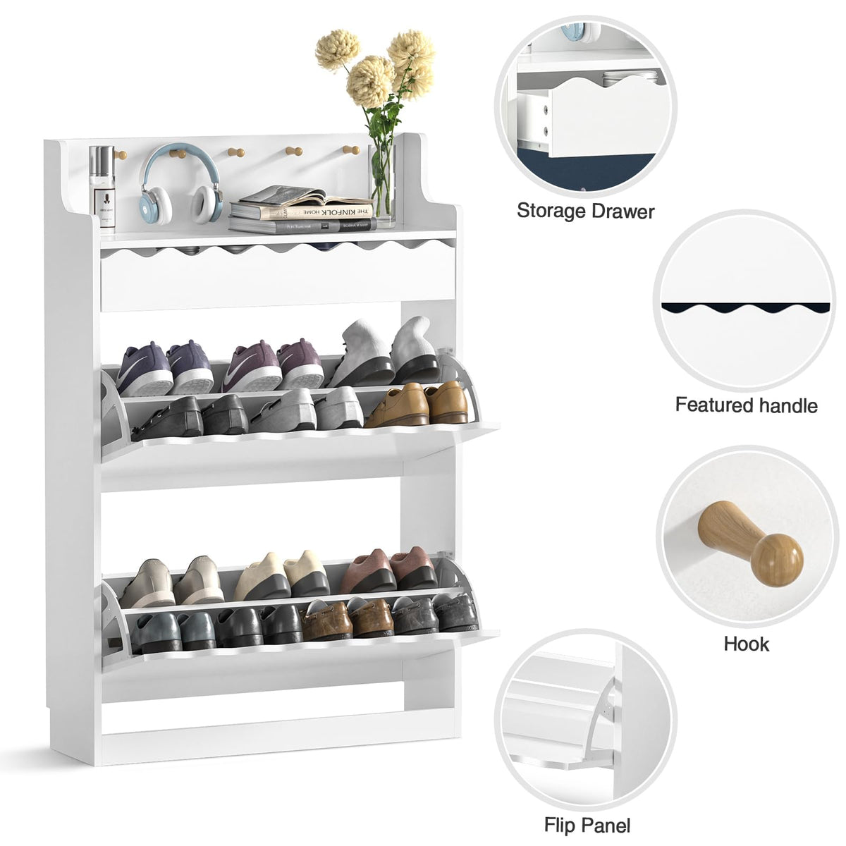 Skokliz Shoe Cabinet with Drawer, Wooden Shoe Storage Unit with 2 Pull-Down Drawers