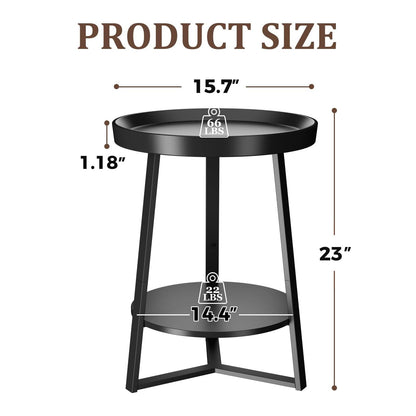 HOME BI Round End Table with Storage Shelf, 2 Tier Farmhouse Circle Side Table Nightstand for Living Room, Bedroom,Black Wood Grain