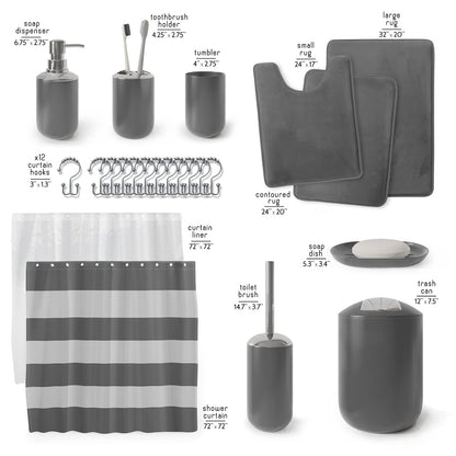 Clara Clark Gray Bathroom Accessories Set Complete with Bathroom Rugs Set and Shower Curtain Set, 12 Piece Bathroom Sets with Rugs and Accessories