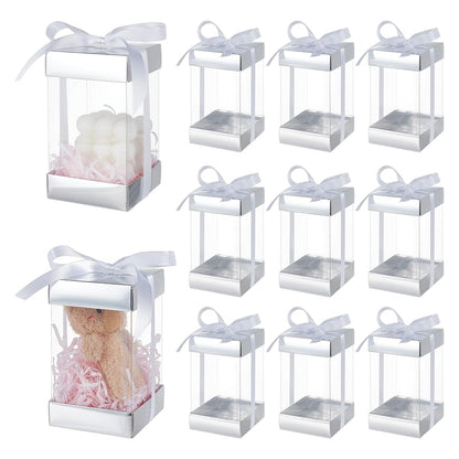 BENECREAT 10Pcs Clear Plastic Gift Box with Silver Paper Lid, Rectangle Gift Packaging Boxes with Polyester Ribbon for Birthdays