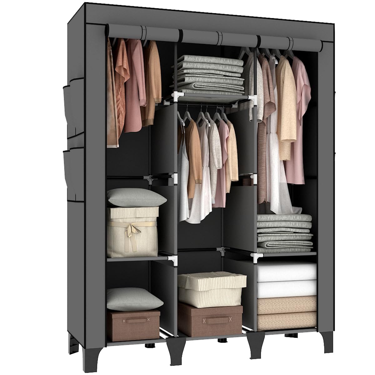 OPPAIYA Canvas Wardrobe, Portable Wardrobe With 3 Hanging Rails, 6 Shelves and 8 Side Bags, 165 * 45 * 125cm Temporary Storage Closet