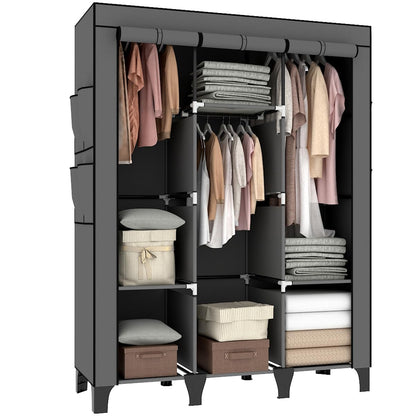 OPPAIYA Canvas Wardrobe, Portable Wardrobe With 3 Hanging Rails, 6 Shelves and 8 Side Bags, 165 * 45 * 125cm Temporary Storage Closet