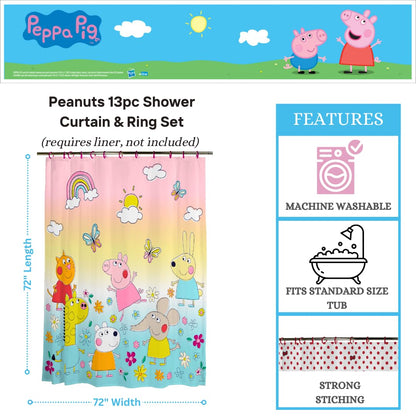 Franco Peppa Pig 13 Piece Shower Curtain and Ring Set, (100% Officially Licensed Product)