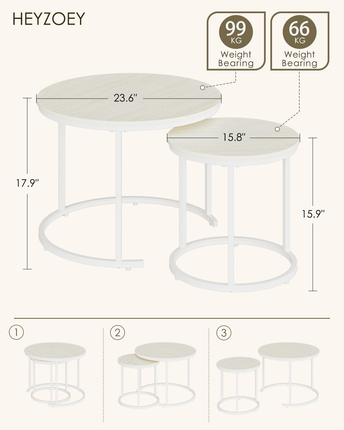 HEYZOEY Round Coffee Tables, Removable Set of 2 End Table, Nesting Tables with White Metal Frame Legs and Wooden Oak Top for Living Room, Bedroom