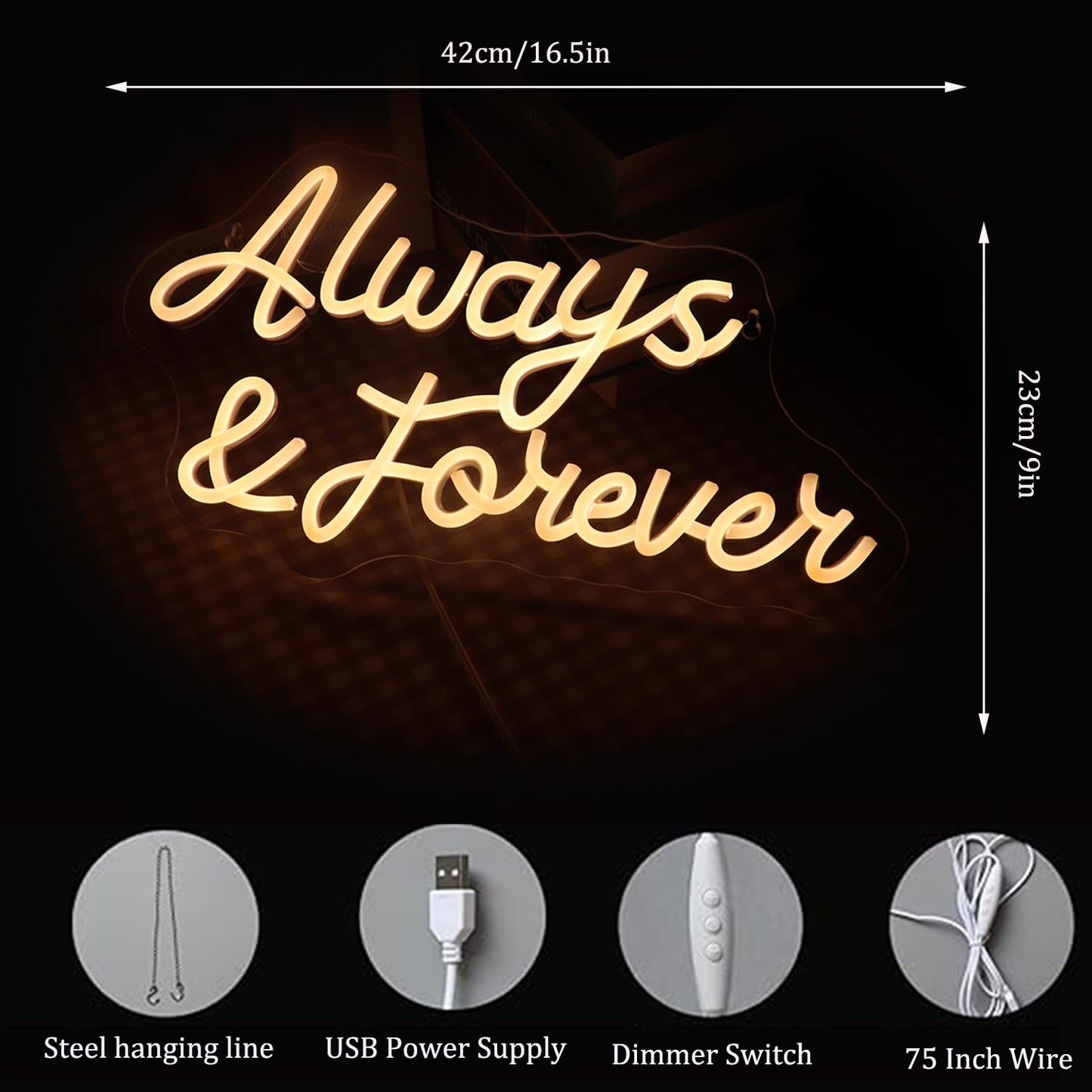 LED Always and Forever Neon Sign USB Powered with Dimmer Switch Neon Lights for Room Home Art Wall Decor Wedding Engagement Party Wall Hanging