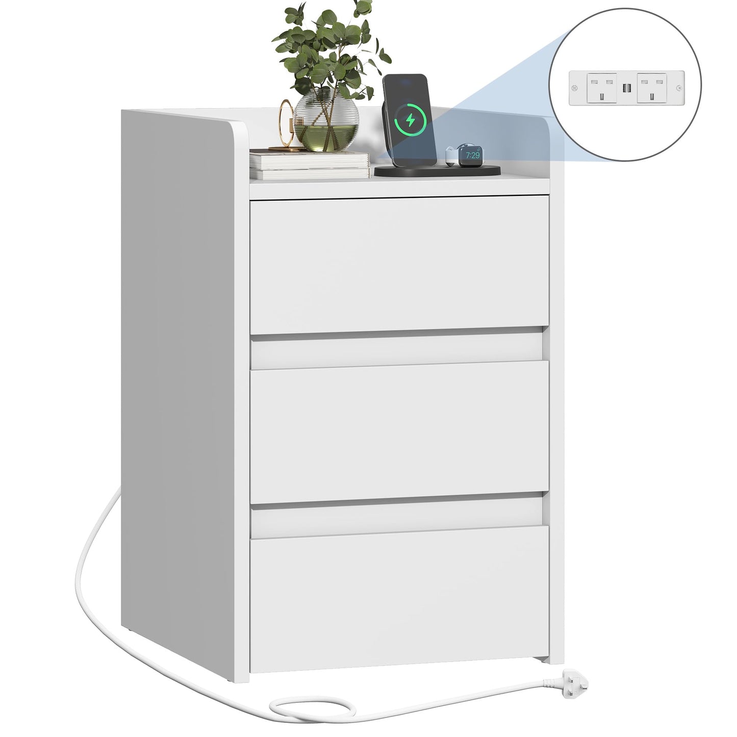 YITAHOME Bedside Table 3 Drawers Charging Station Nightstand 2 USB Ports