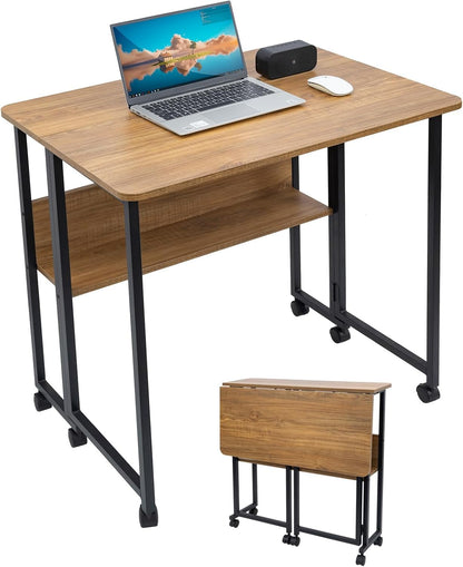 Fiutazge Folding Desk, Folding Table with Wheels and Shelf, Folding Desk Made of MDF Wood Materials and Steel Frame, Computer Desk for Home, Office