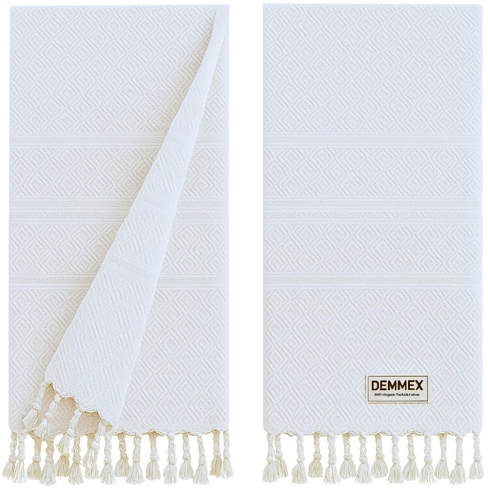 DEMMEX Organic Turkish Cotton Hand Towels Set of 2, Quick Dry Soft Diamond Weave, Absorbent Prewashed OEKO-TEX Bathroom Kitchen Towels 45x90cm