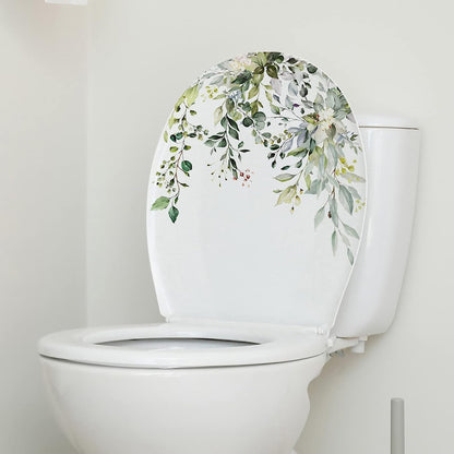 Green Plant Leaves Flowers Toilet Seat Lid Stickers Self-Adhesive Bathroom Wall Stickers Green Leaf Floral DIY Removable Waterproof Sticker for