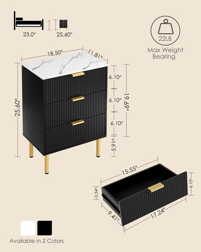 Apetaccat Bedside Table with 3 Drawers, Modern Bedside Cabniet with Metal Legs, Fluted Nightstand, Side Table for Bedroom, Living Room, Office, Black