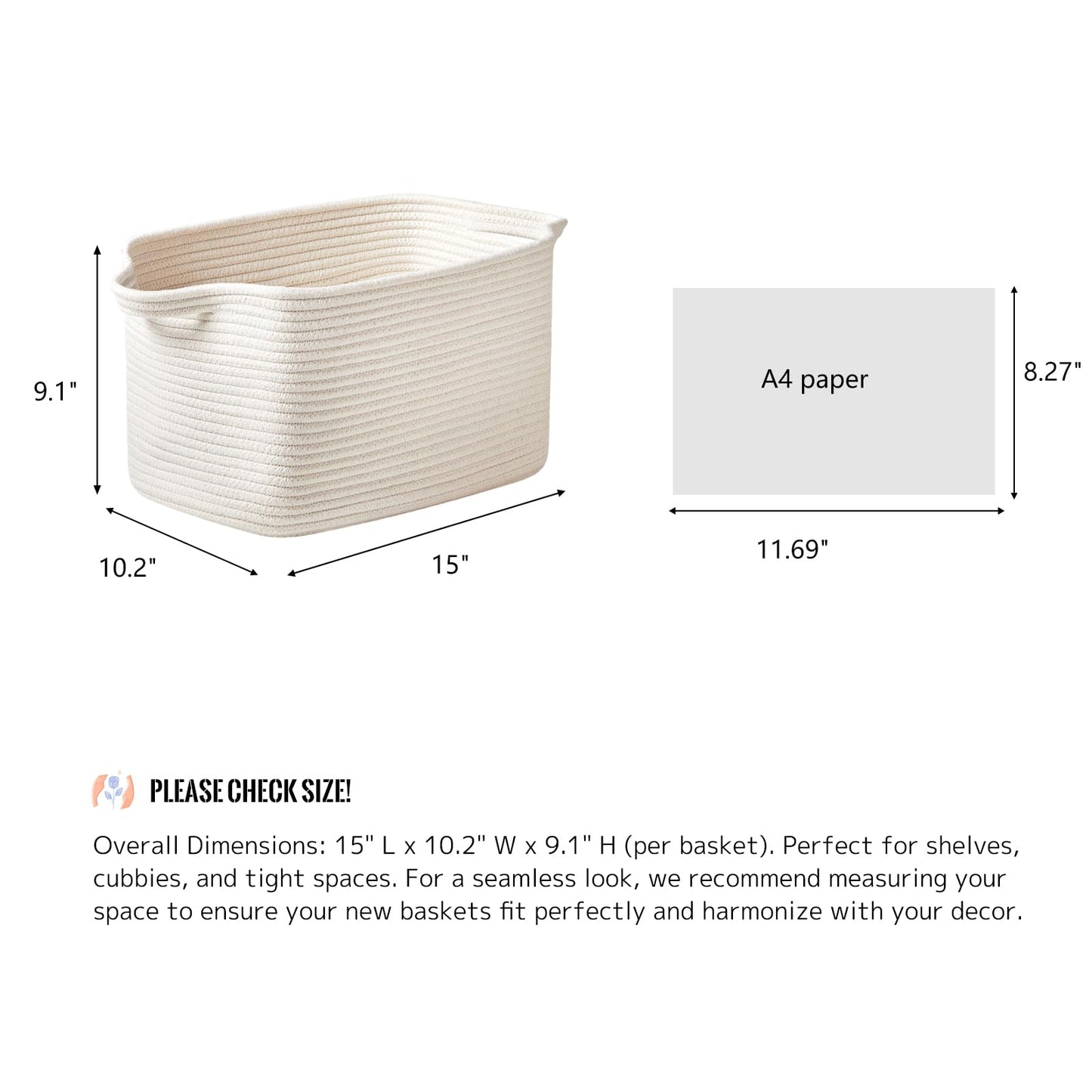 R RUNKA 3 Packs Cotton Rope Woven Basket With Handles for Shelves -15"*10.2"*9.1"(White)