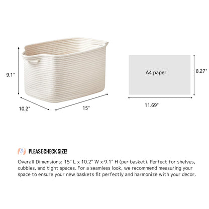 R RUNKA 3 Packs Cotton Rope Woven Basket With Handles for Shelves -15"*10.2"*9.1"(White)