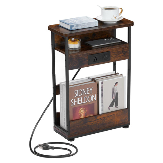 Rustic Brown Narrow Side Table with Charging Station - 3-Tier End Table with 2 USB Ports & Power Outlets, Perfect for Small Spaces