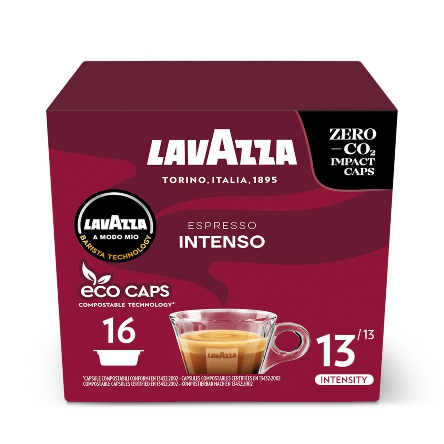 Lavazza, A Modo Mio Espresso Intenso, Coffee Capsules, Arabica and Robusta, Spicy Notes, Intensity 13/13, Medium-Dark Roasting, Compostable, 16 packs