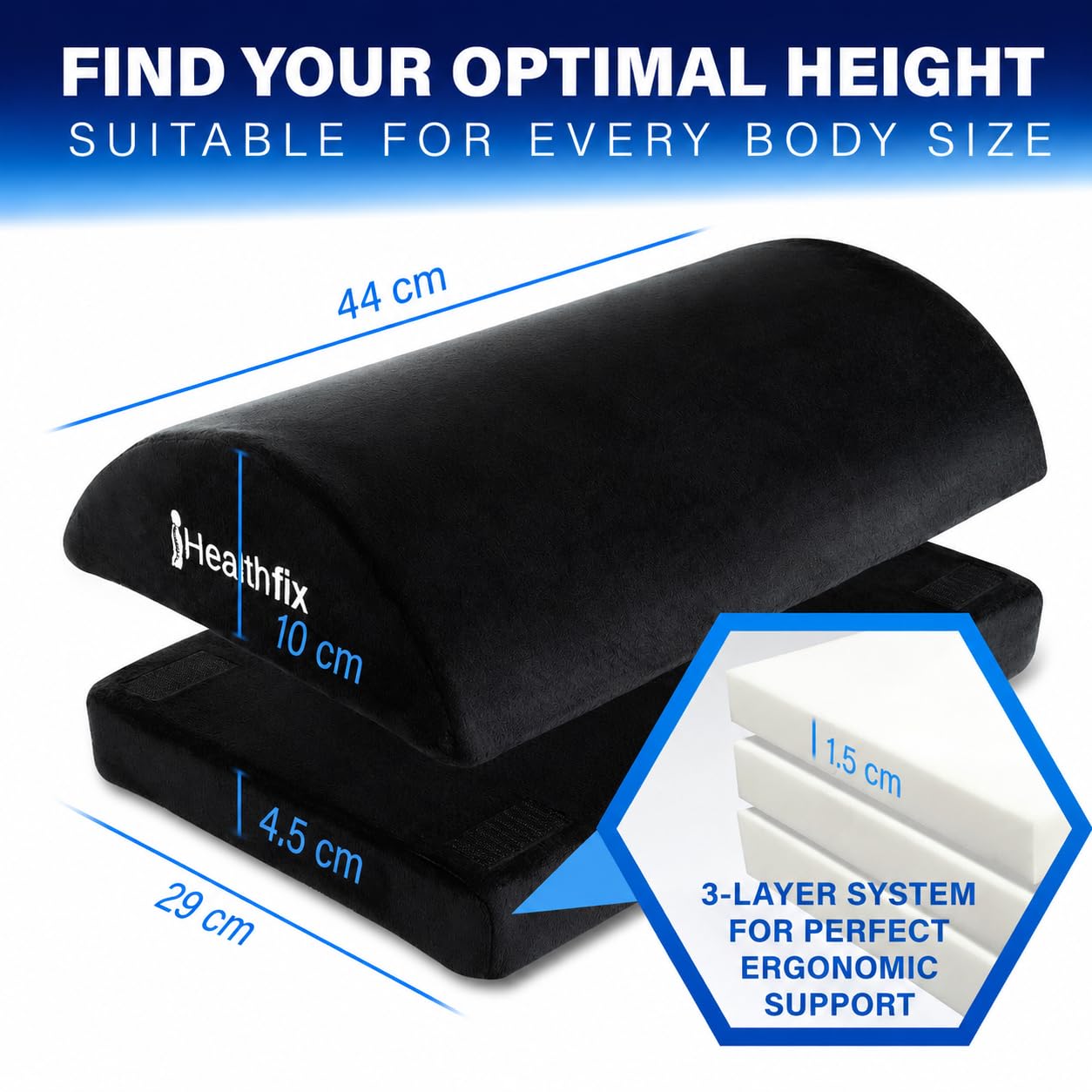 Healthfix® Ergonomic Footrest for Desk etc. Improved sitting posture thanks to height-adjustable footrest with integrated fluffy foot pocket