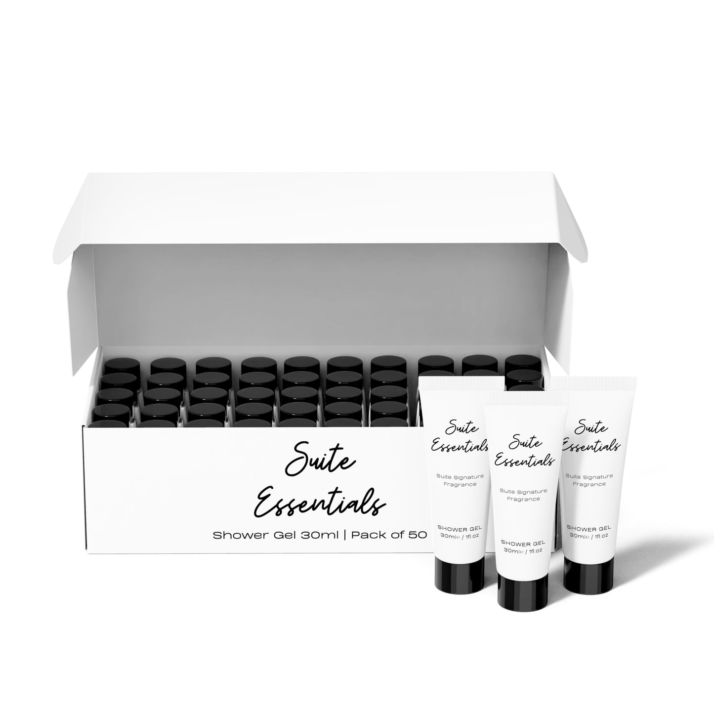 Suite Essentials 50 x 30ml Shower Gel Bulk Pack - Ideal For Hotels, Guest Rooms, Airbnb & Hospitality, Recyclable Packaging, Mini Toiletries Shower