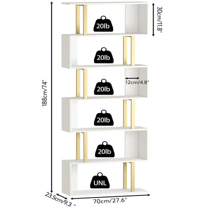 Yusong Bookshelf 6-Tier, Geometric Bookcase S Shaped Book Shelves for Bedroom, Modern Wood Decorative Display Shelf Tall Book Case for Home Office