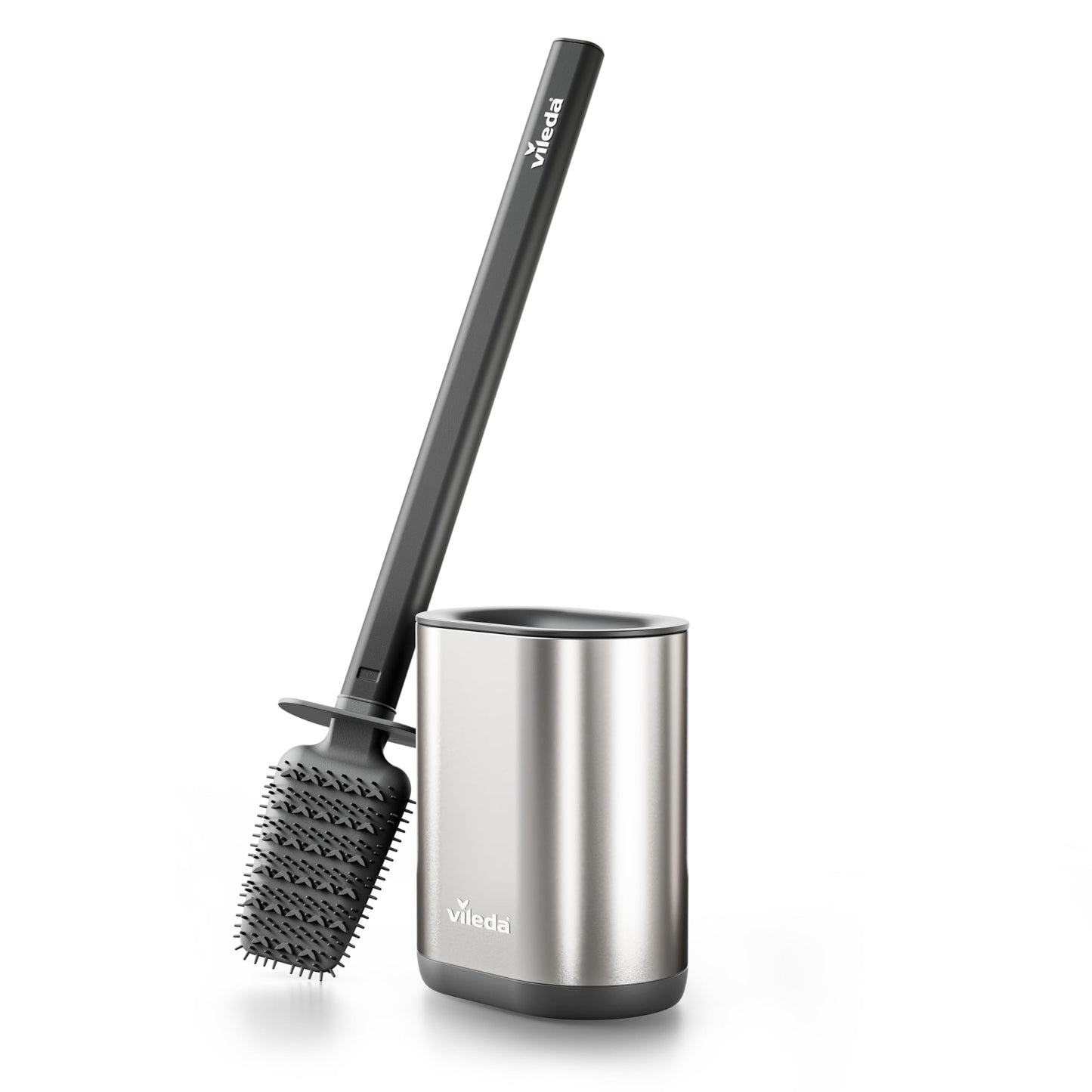Vileda Silicone Toilet Brush Silver with Flex Head and Stainless Steel Handle - Toilet Brush with 2-in-1 Cleaning Zones