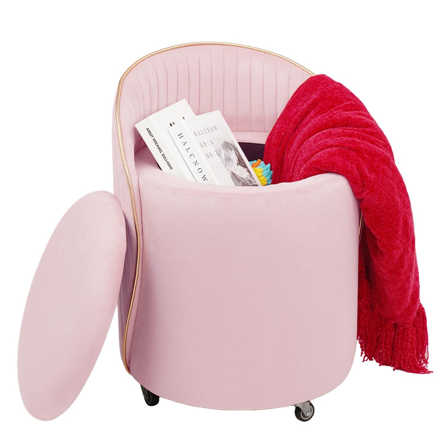 KLASIKA Round Storage Ottoman, Upholstered Velvet Vanity Stool with Lumbar Support, Swivel Rolling Wheels