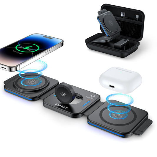 ZUMSEY 3 in 1 Wireless Charging Station for Apple, Wireless Charger for iPhone 17 Pro Max/16/15/14/13/12, Travel Wireless Charger for Apple Watch